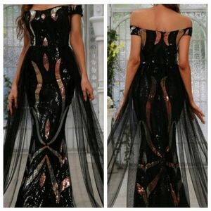 Black off the shoulder Contrast Mesh and Contrast Sequined Mermaid Maxi…
